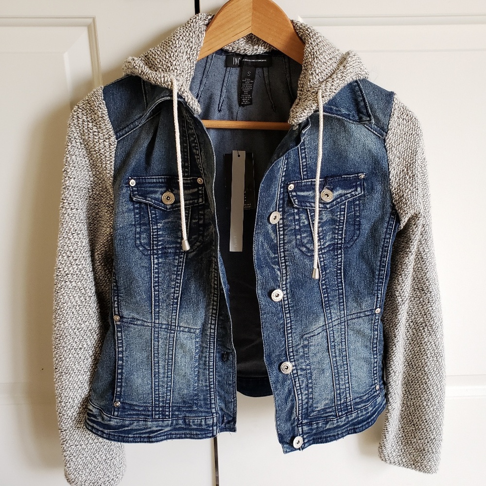INC jean jacket with knit sleeves and hood